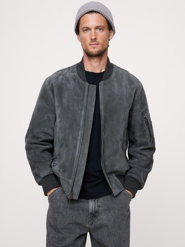 Suede Bomber Jacket with Quilted Lining