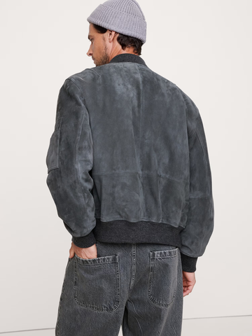 Suede Bomber Jacket with Quilted Lining